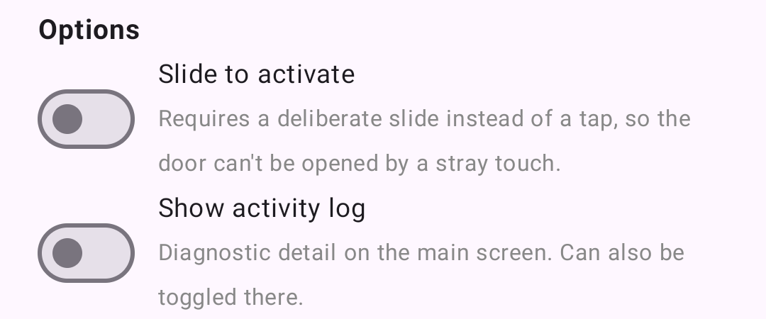 App settings screen showing the slider and activity log toggles